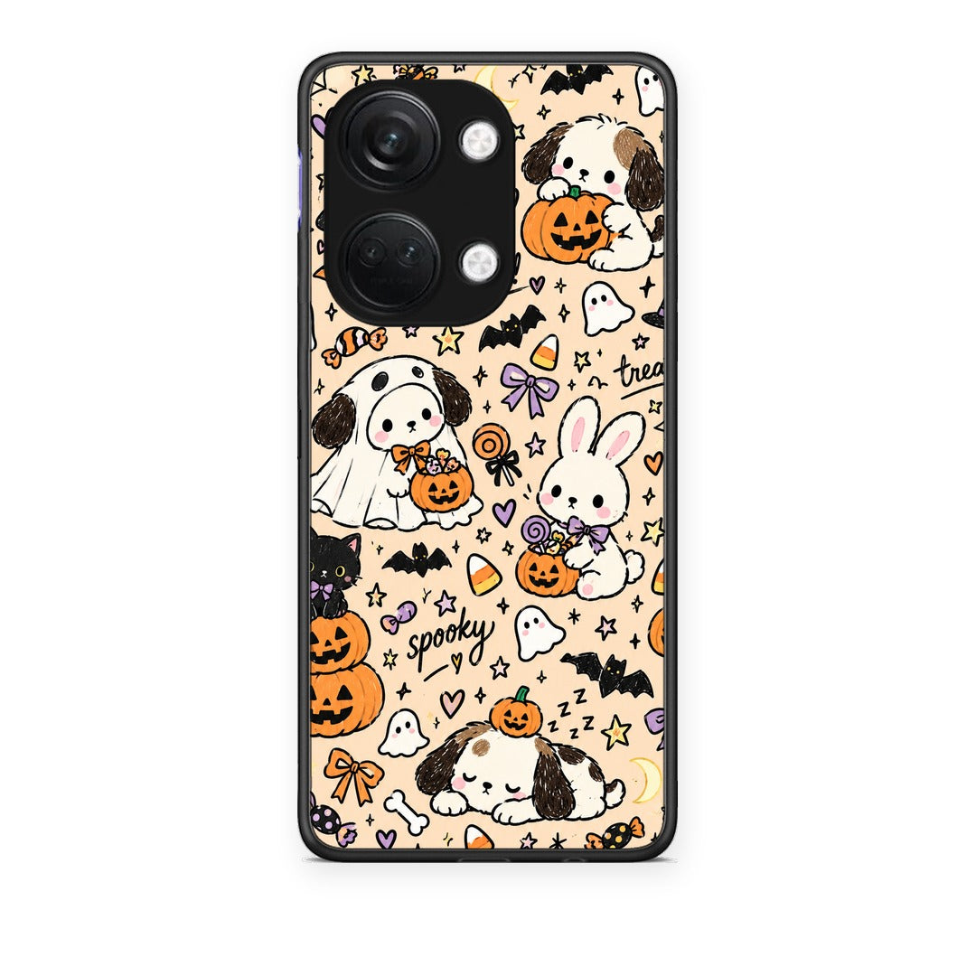 Θήκη OnePlus Nord 3 Halloween Puppies and Friends on Cream από τη Smartfits με σχέδιο στο πίσω μέρος και μαύρο περίβλημα | OnePlus Nord 3 Halloween Puppies and Friends on Cream case with colorful back and black bezels
