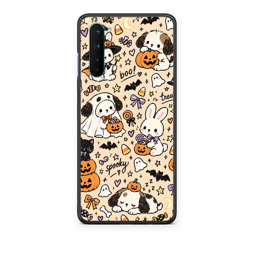 Θήκη OnePlus Nord 5G Halloween Puppies and Friends on Cream από τη Smartfits με σχέδιο στο πίσω μέρος και μαύρο περίβλημα | OnePlus Nord 5G Halloween Puppies and Friends on Cream case with colorful back and black bezels