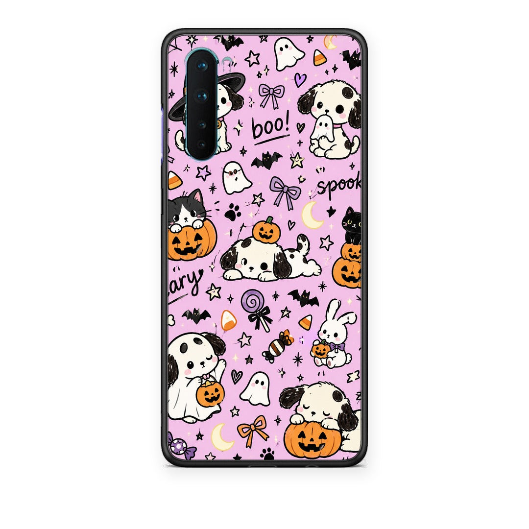 Θήκη OnePlus Nord 5G Halloween Puppies and Friends on Lilac από τη Smartfits με σχέδιο στο πίσω μέρος και μαύρο περίβλημα | OnePlus Nord 5G Halloween Puppies and Friends on Lilac case with colorful back and black bezels