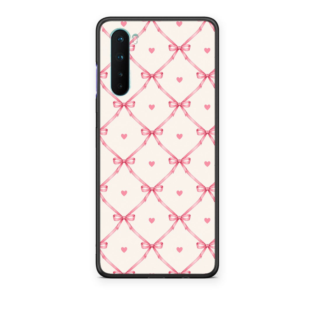 Θήκη OnePlus Nord 5G Pink Bow Lattice and Hearts on Cream από τη Smartfits με σχέδιο στο πίσω μέρος και μαύρο περίβλημα | OnePlus Nord 5G Pink Bow Lattice and Hearts on Cream case with colorful back and black bezels