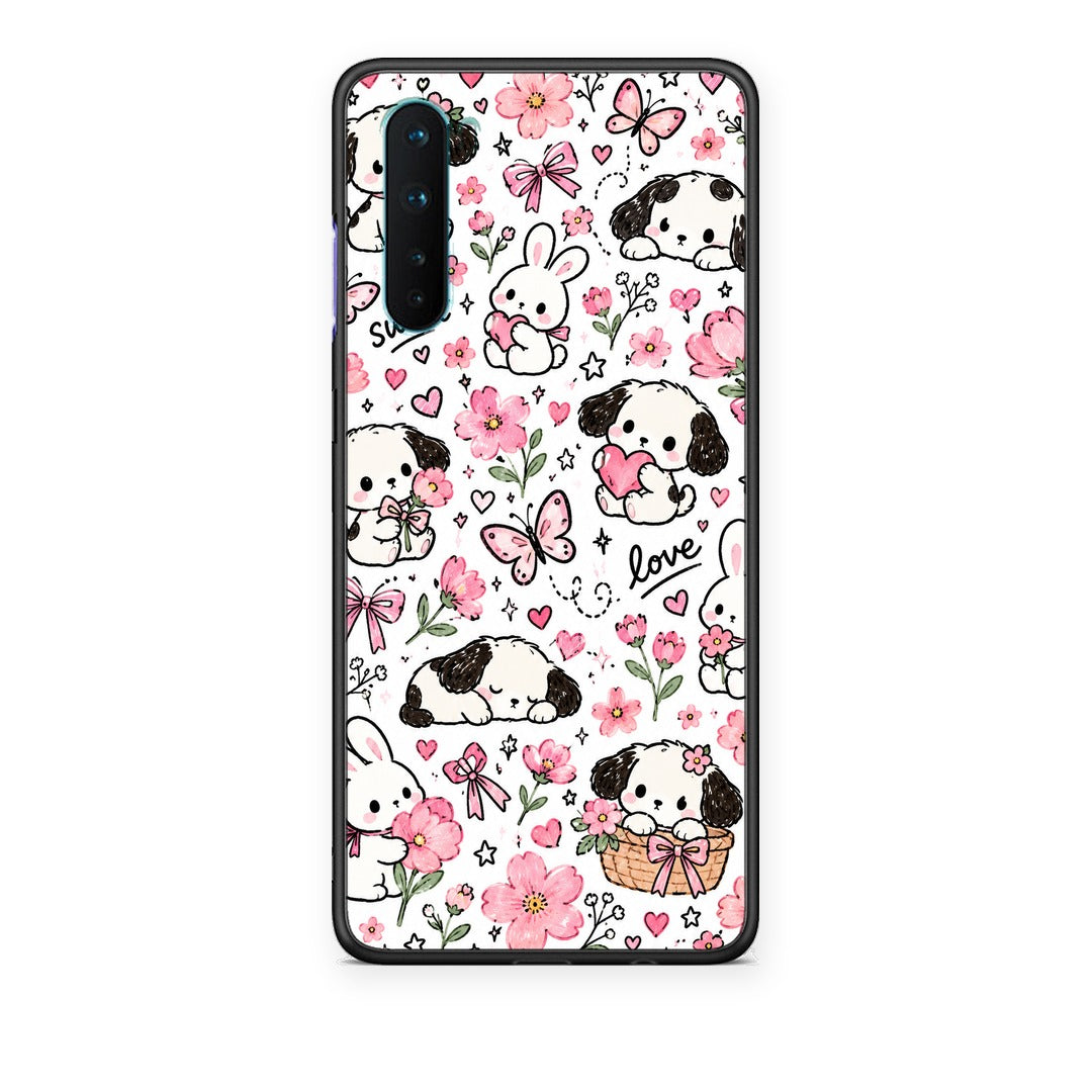 Θήκη OnePlus Nord 5G Pink Florals Puppies and Bunnies on White από τη Smartfits με σχέδιο στο πίσω μέρος και μαύρο περίβλημα | OnePlus Nord 5G Pink Florals Puppies and Bunnies on White case with colorful back and black bezels