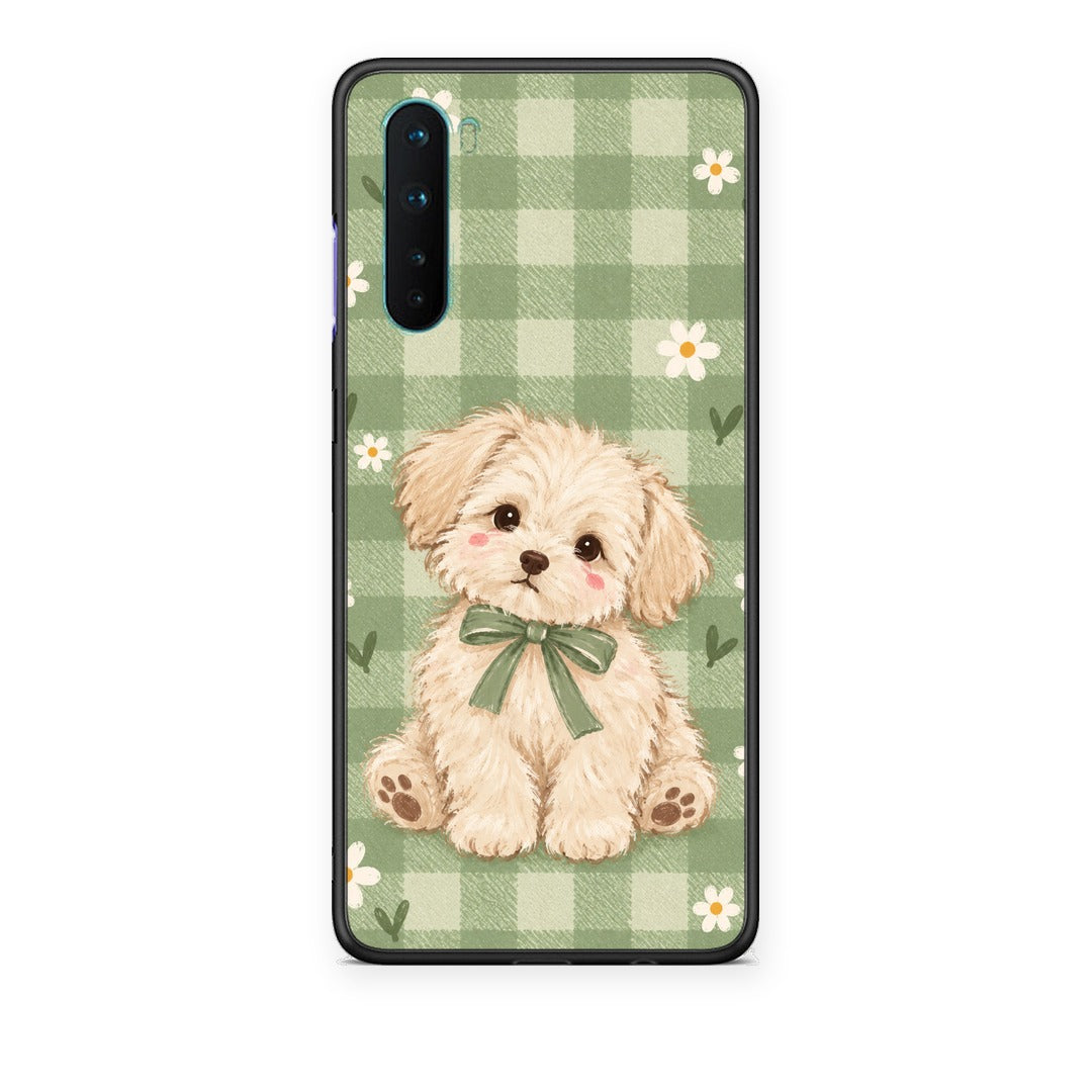 Θήκη OnePlus Nord 5G Puppy and Daisies on Sage Gingham από τη Smartfits με σχέδιο στο πίσω μέρος και μαύρο περίβλημα | OnePlus Nord 5G Puppy and Daisies on Sage Gingham case with colorful back and black bezels