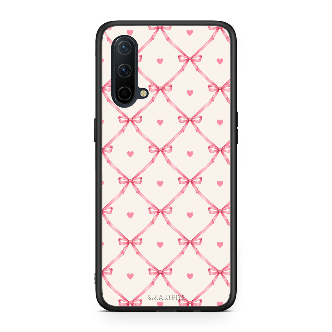 Θήκη OnePlus Nord CE 5G Pink Bow Lattice and Hearts on Cream από τη Smartfits με σχέδιο στο πίσω μέρος και μαύρο περίβλημα | OnePlus Nord CE 5G Pink Bow Lattice and Hearts on Cream case with colorful back and black bezels