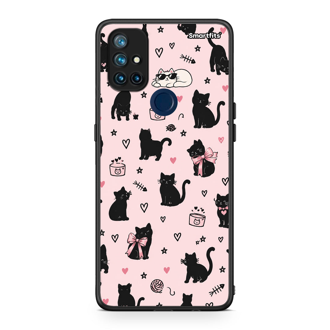 Θήκη OnePlus Nord N10 5G Black Cat Doodles on Pink από τη Smartfits με σχέδιο στο πίσω μέρος και μαύρο περίβλημα | OnePlus Nord N10 5G Black Cat Doodles on Pink case with colorful back and black bezels