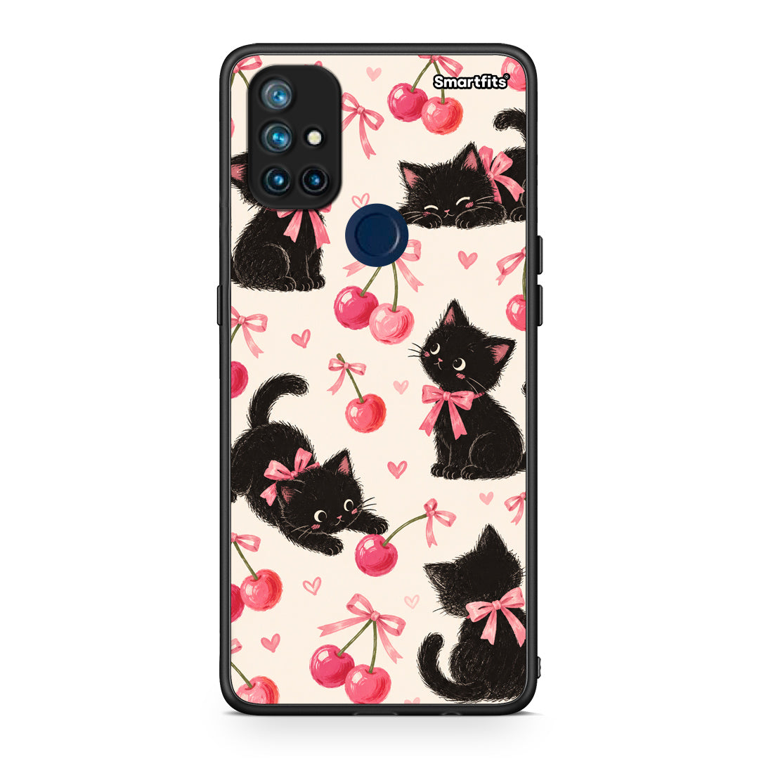 Θήκη OnePlus Nord N10 5G Black Kittens and Cherries on Cream από τη Smartfits με σχέδιο στο πίσω μέρος και μαύρο περίβλημα | OnePlus Nord N10 5G Black Kittens and Cherries on Cream case with colorful back and black bezels