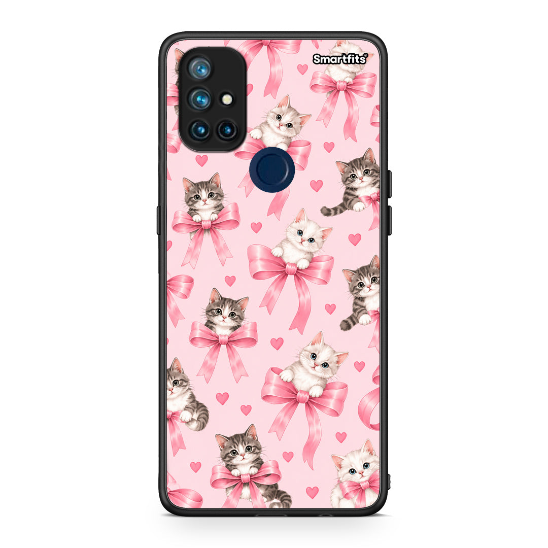 Θήκη OnePlus Nord N10 5G Kittens and Pink Bows on Pink από τη Smartfits με σχέδιο στο πίσω μέρος και μαύρο περίβλημα | OnePlus Nord N10 5G Kittens and Pink Bows on Pink case with colorful back and black bezels