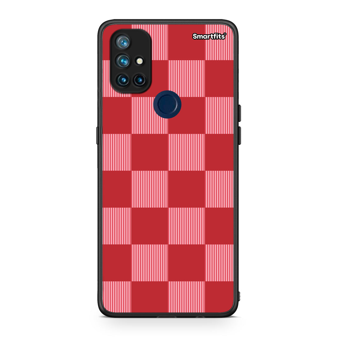 Θήκη OnePlus Nord N10 5G Red and Pink Striped Checks από τη Smartfits με σχέδιο στο πίσω μέρος και μαύρο περίβλημα | OnePlus Nord N10 5G Red and Pink Striped Checks case with colorful back and black bezels