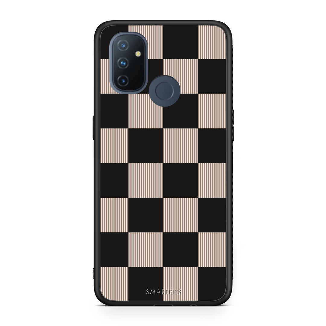 Θήκη OnePlus Nord N100 Black and Taupe Striped Checks από τη Smartfits με σχέδιο στο πίσω μέρος και μαύρο περίβλημα | OnePlus Nord N100 Black and Taupe Striped Checks case with colorful back and black bezels