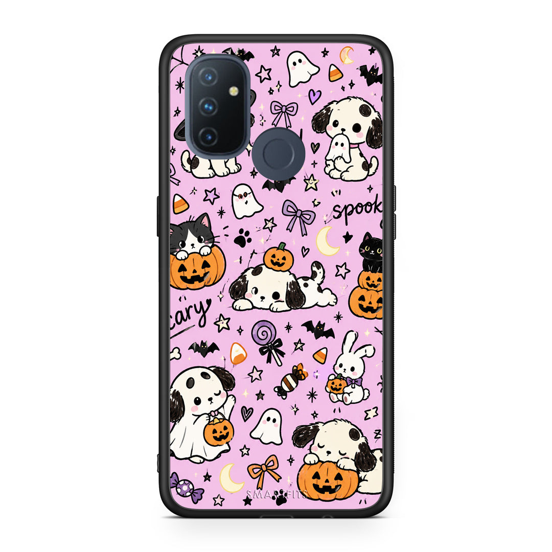 Θήκη OnePlus Nord N100 Halloween Puppies and Friends on Lilac από τη Smartfits με σχέδιο στο πίσω μέρος και μαύρο περίβλημα | OnePlus Nord N100 Halloween Puppies and Friends on Lilac case with colorful back and black bezels