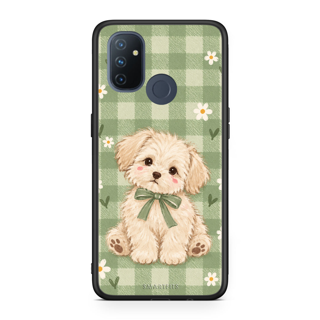 Θήκη OnePlus Nord N100 Puppy and Daisies on Sage Gingham από τη Smartfits με σχέδιο στο πίσω μέρος και μαύρο περίβλημα | OnePlus Nord N100 Puppy and Daisies on Sage Gingham case with colorful back and black bezels