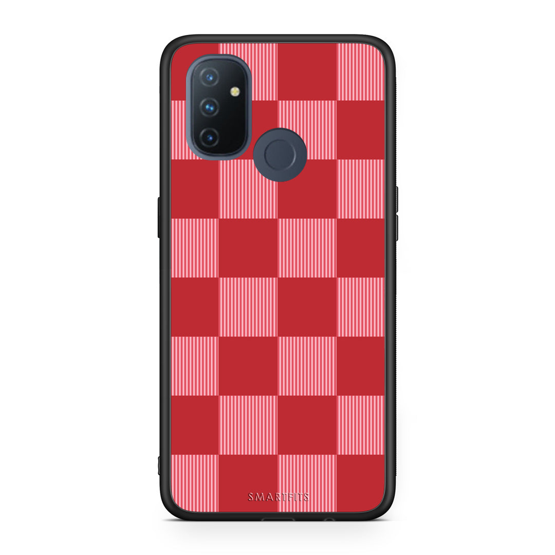 Θήκη OnePlus Nord N100 Red and Pink Striped Checks από τη Smartfits με σχέδιο στο πίσω μέρος και μαύρο περίβλημα | OnePlus Nord N100 Red and Pink Striped Checks case with colorful back and black bezels