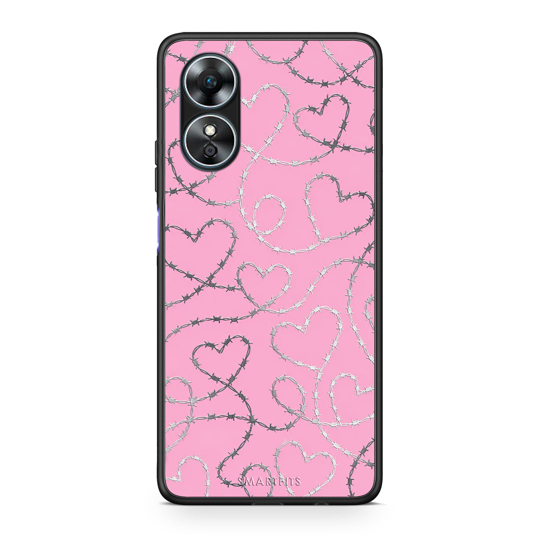 Θήκη Oppo A17 Barbed Wire Hearts on Pink από τη Smartfits με σχέδιο στο πίσω μέρος και μαύρο περίβλημα | Oppo A17 Barbed Wire Hearts on Pink case with colorful back and black bezels