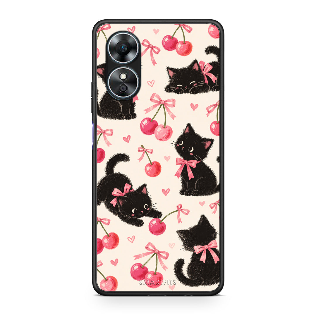 Θήκη Oppo A17 Black Kittens and Cherries on Cream από τη Smartfits με σχέδιο στο πίσω μέρος και μαύρο περίβλημα | Oppo A17 Black Kittens and Cherries on Cream case with colorful back and black bezels