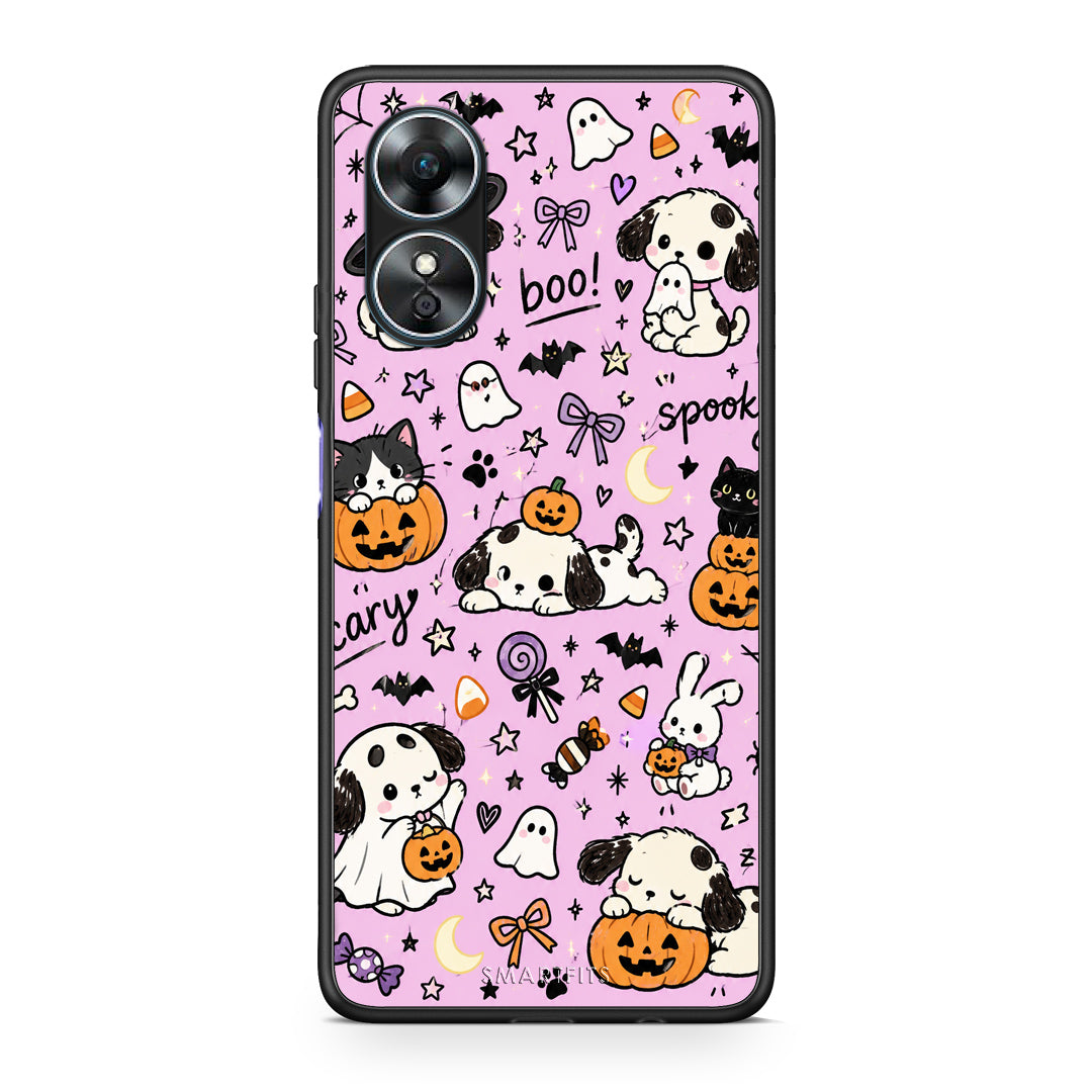 Θήκη Oppo A17 Halloween Puppies and Friends on Lilac από τη Smartfits με σχέδιο στο πίσω μέρος και μαύρο περίβλημα | Oppo A17 Halloween Puppies and Friends on Lilac case with colorful back and black bezels