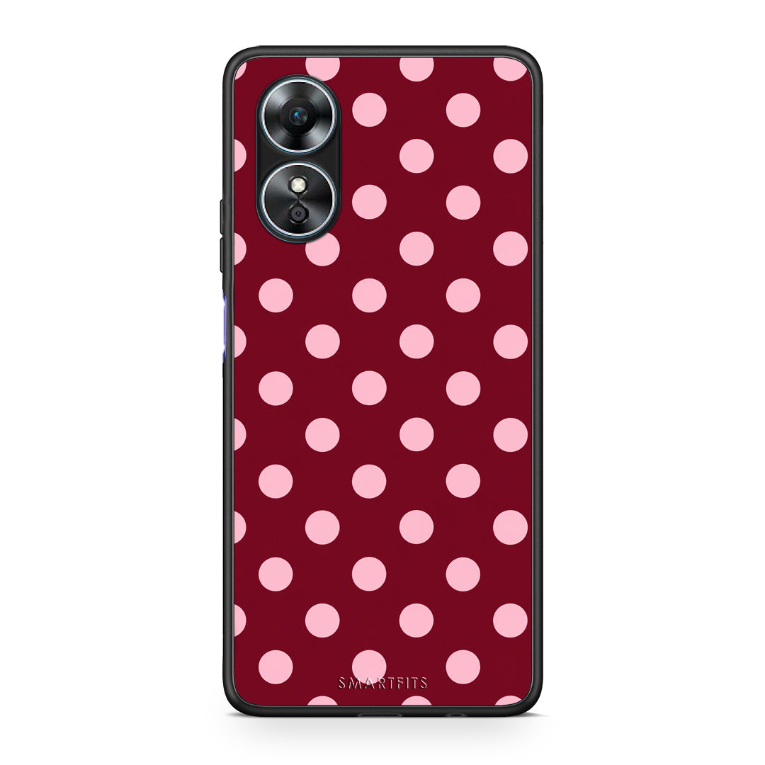 Θήκη Oppo A17 Pink Polka Dots on Burgundy από τη Smartfits με σχέδιο στο πίσω μέρος και μαύρο περίβλημα | Oppo A17 Pink Polka Dots on Burgundy case with colorful back and black bezels