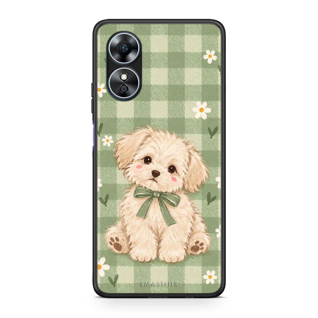 Θήκη Oppo A17 Puppy and Daisies on Sage Gingham από τη Smartfits με σχέδιο στο πίσω μέρος και μαύρο περίβλημα | Oppo A17 Puppy and Daisies on Sage Gingham case with colorful back and black bezels