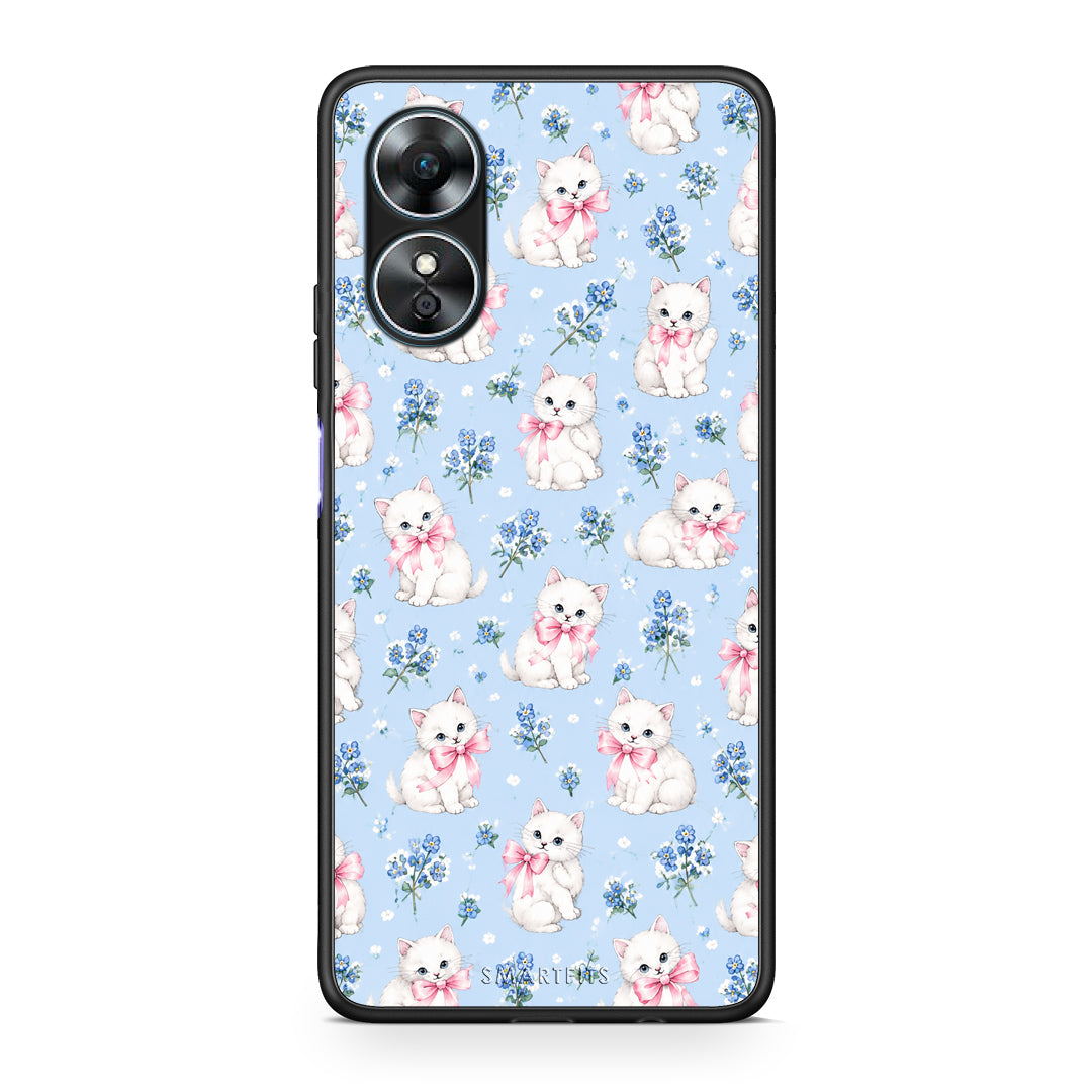 Θήκη Oppo A17 White Kittens and Blue Flowers Small από τη Smartfits με σχέδιο στο πίσω μέρος και μαύρο περίβλημα | Oppo A17 White Kittens and Blue Flowers Small case with colorful back and black bezels