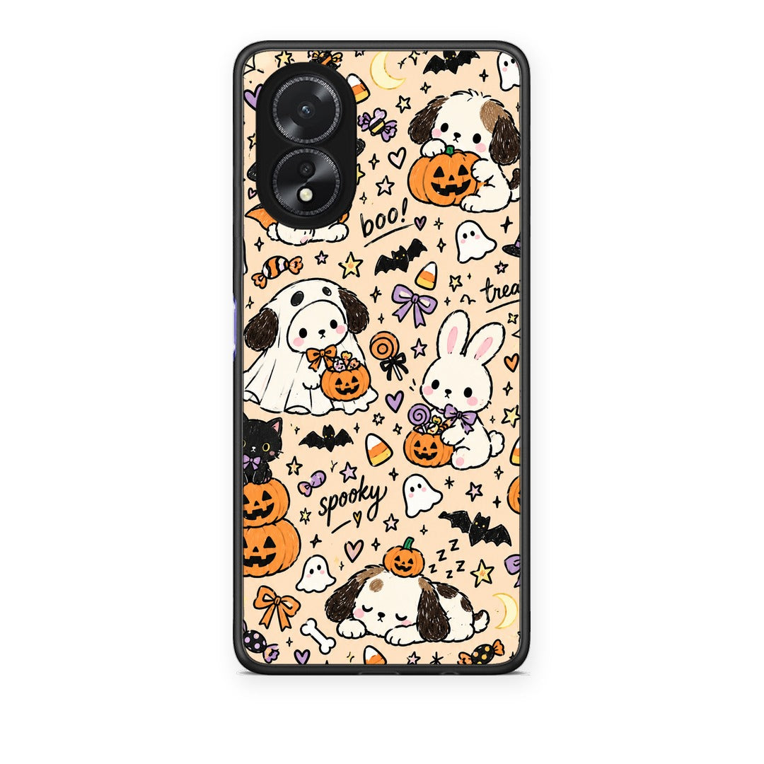 Θήκη Oppo A38 Halloween Puppies and Friends on Cream από τη Smartfits με σχέδιο στο πίσω μέρος και μαύρο περίβλημα | Oppo A38 Halloween Puppies and Friends on Cream case with colorful back and black bezels