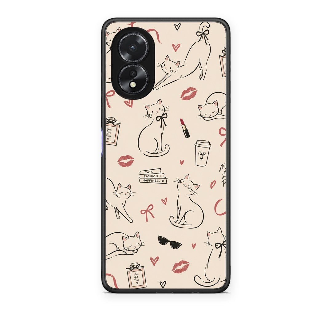 Θήκη Oppo A38 Minimal Cat and Fashion Doodles on Cream από τη Smartfits με σχέδιο στο πίσω μέρος και μαύρο περίβλημα | Oppo A38 Minimal Cat and Fashion Doodles on Cream case with colorful back and black bezels