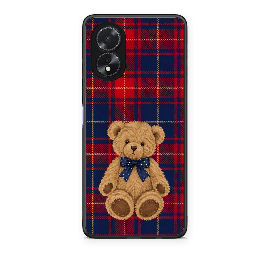 Θήκη Oppo A38 Teddy Bear on Red and Navy Tartan από τη Smartfits με σχέδιο στο πίσω μέρος και μαύρο περίβλημα | Oppo A38 Teddy Bear on Red and Navy Tartan case with colorful back and black bezels