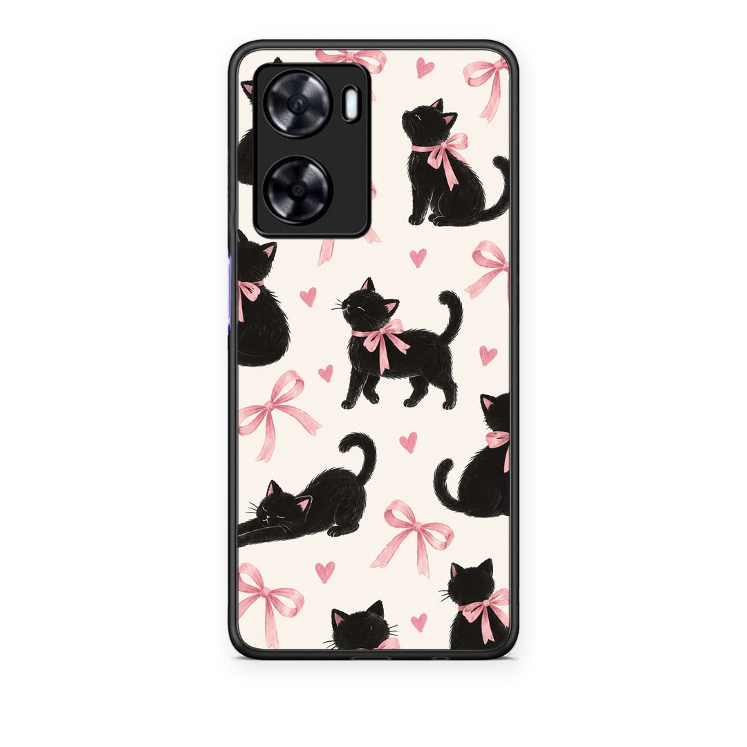 Θήκη OnePlus Nord N20 SE Black Kittens and Pink Bows on Cream Large από τη Smartfits με σχέδιο στο πίσω μέρος και μαύρο περίβλημα | OnePlus Nord N20 SE Black Kittens and Pink Bows on Cream Large case with colorful back and black bezels
