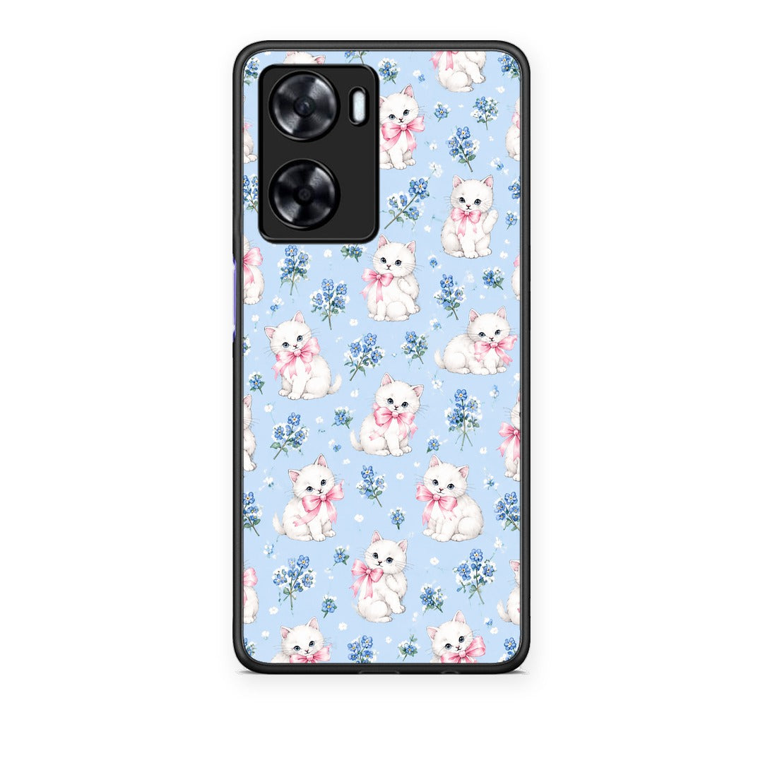Θήκη Oppo A57s / A77s / A77 White Kittens and Blue Flowers Small από τη Smartfits με σχέδιο στο πίσω μέρος και μαύρο περίβλημα | Oppo A57s / A77s / A77 White Kittens and Blue Flowers Small case with colorful back and black bezels