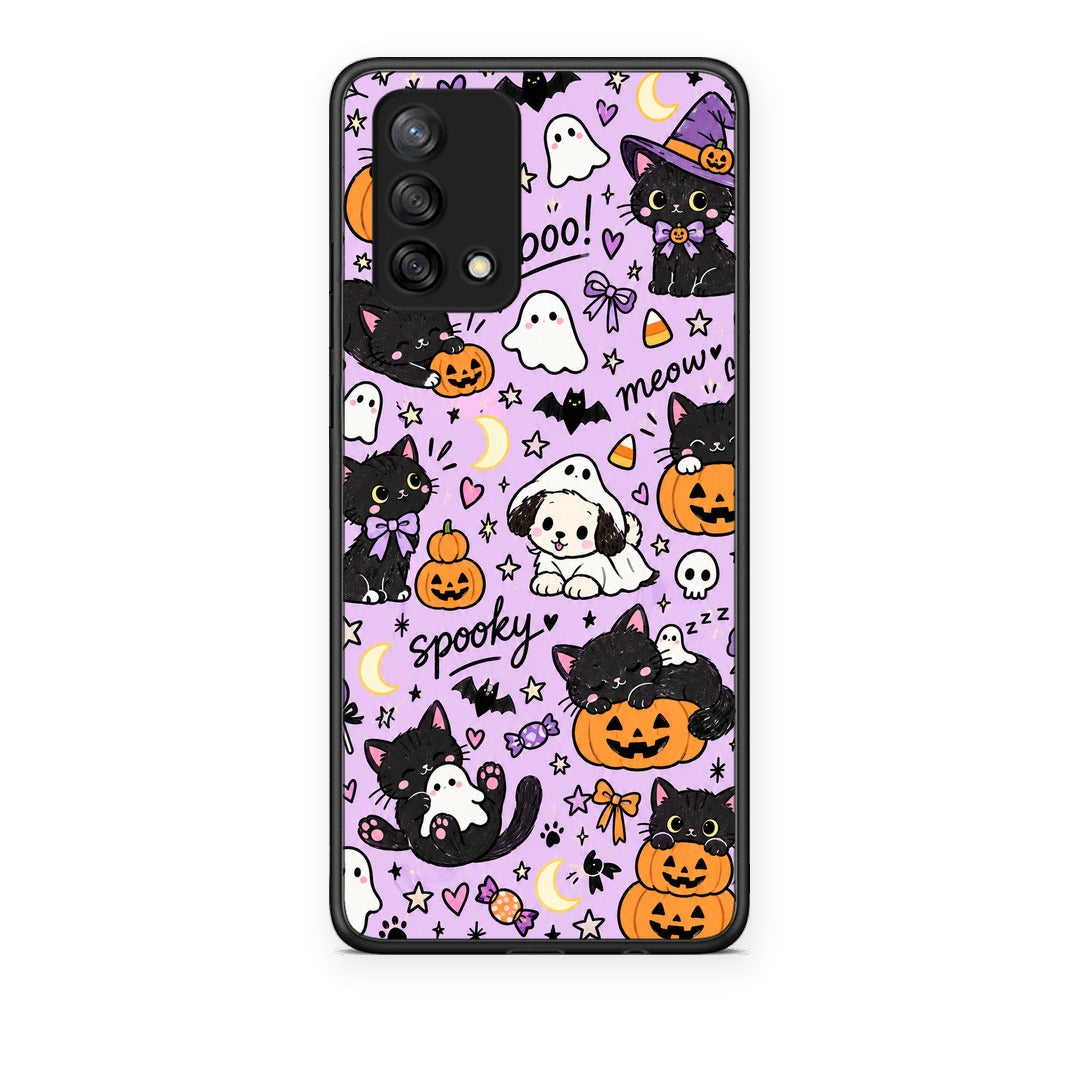 Θήκη Oppo A74 4G Halloween Black Cats on Lilac από τη Smartfits με σχέδιο στο πίσω μέρος και μαύρο περίβλημα | Oppo A74 4G Halloween Black Cats on Lilac case with colorful back and black bezels