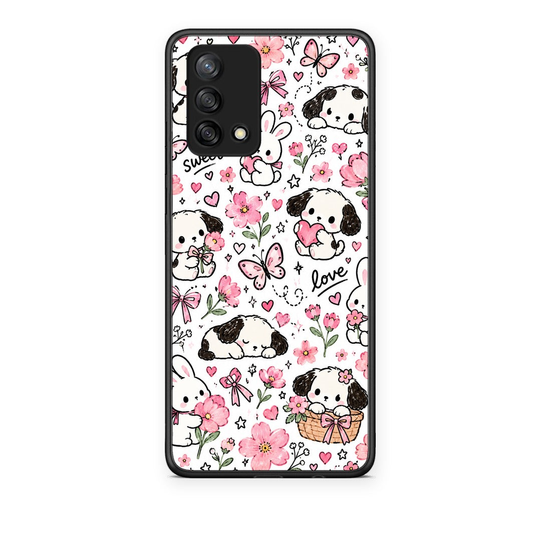 Θήκη Oppo A74 4G Pink Florals Puppies and Bunnies on White από τη Smartfits με σχέδιο στο πίσω μέρος και μαύρο περίβλημα | Oppo A74 4G Pink Florals Puppies and Bunnies on White case with colorful back and black bezels