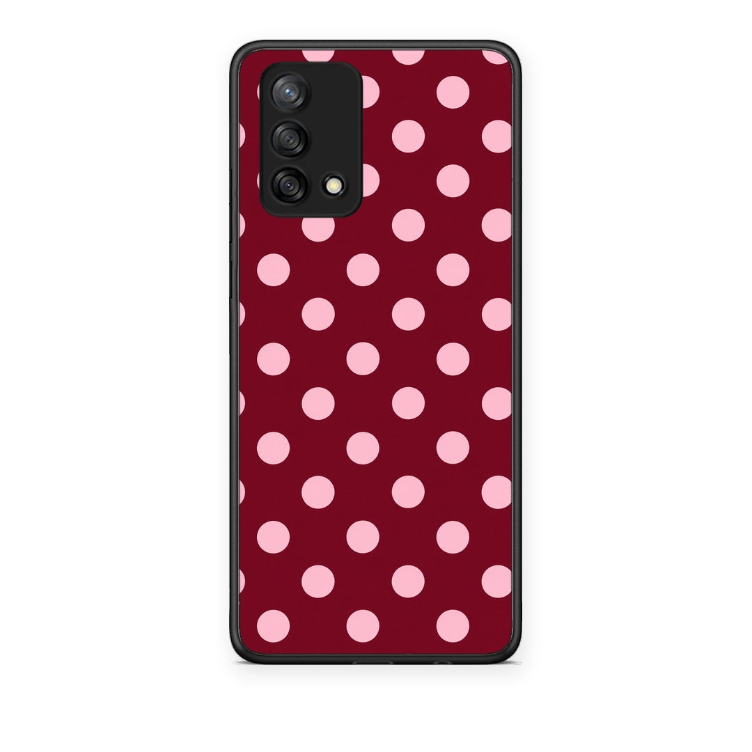 Θήκη Oppo A74 4G Pink Polka Dots on Burgundy από τη Smartfits με σχέδιο στο πίσω μέρος και μαύρο περίβλημα | Oppo A74 4G Pink Polka Dots on Burgundy case with colorful back and black bezels