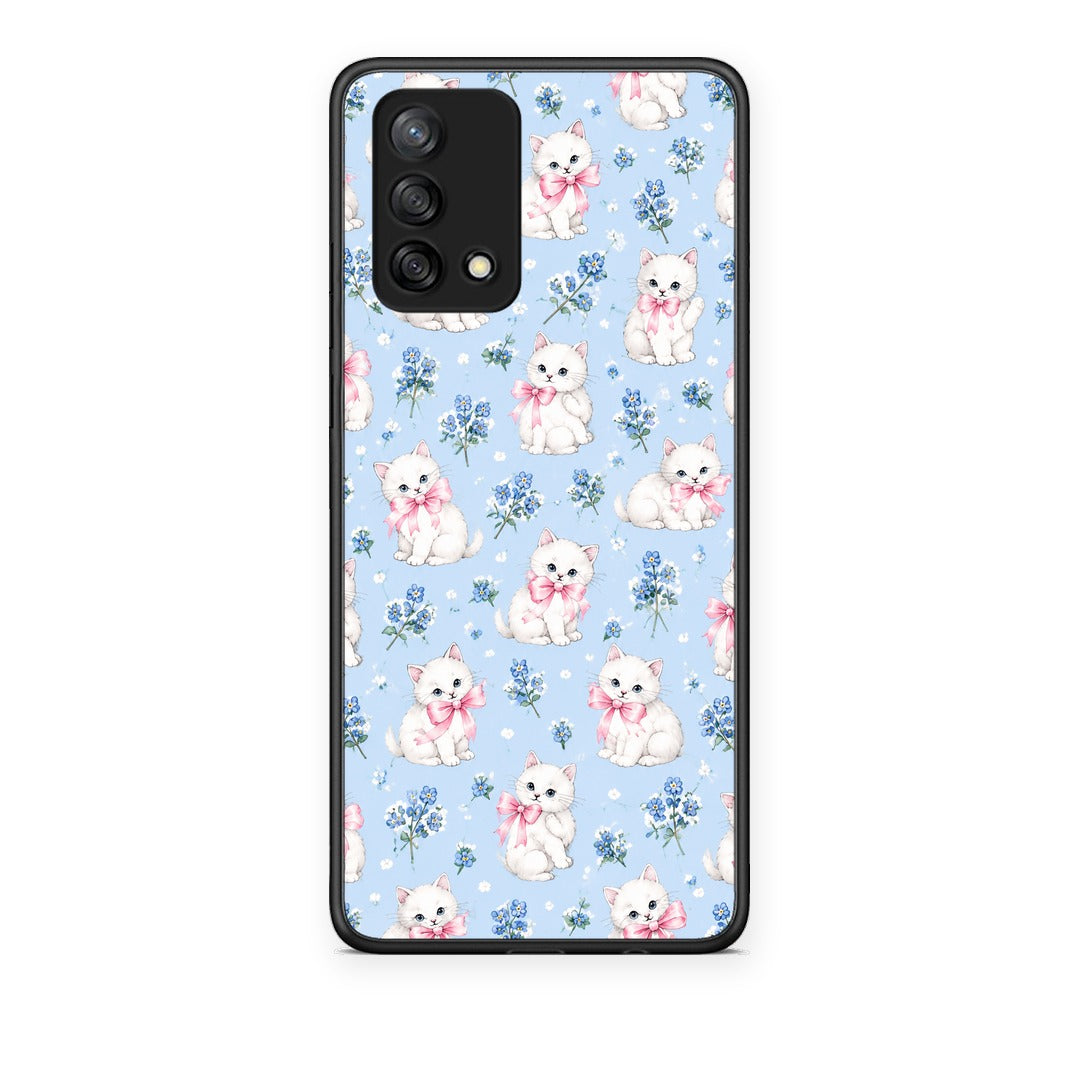 Θήκη Oppo A74 4G White Kittens and Blue Flowers Small από τη Smartfits με σχέδιο στο πίσω μέρος και μαύρο περίβλημα | Oppo A74 4G White Kittens and Blue Flowers Small case with colorful back and black bezels