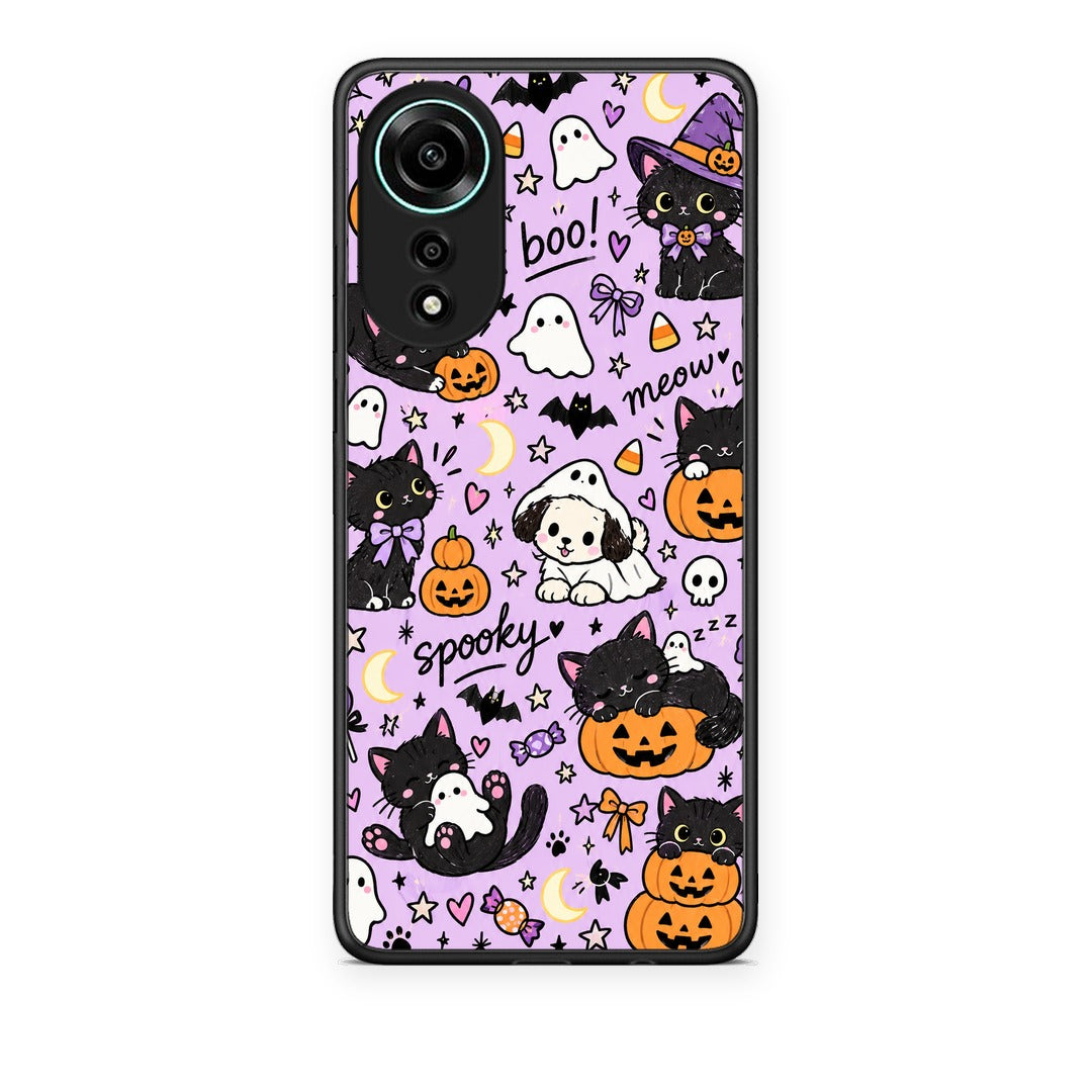 Θήκη Oppo A78 4G Halloween Black Cats on Lilac από τη Smartfits με σχέδιο στο πίσω μέρος και μαύρο περίβλημα | Oppo A78 4G Halloween Black Cats on Lilac case with colorful back and black bezels