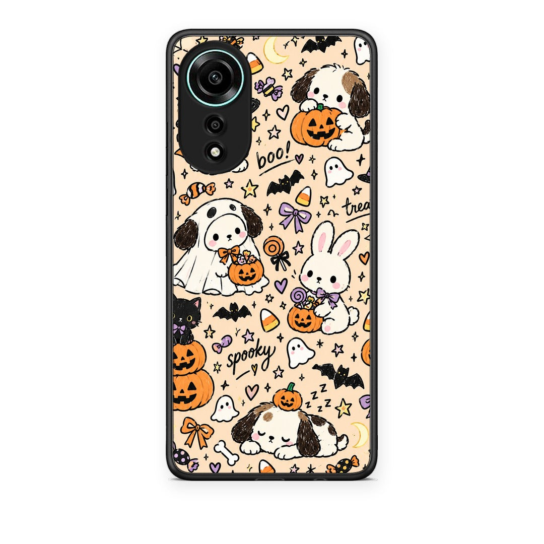 Θήκη Oppo A78 4G Halloween Puppies and Friends on Cream από τη Smartfits με σχέδιο στο πίσω μέρος και μαύρο περίβλημα | Oppo A78 4G Halloween Puppies and Friends on Cream case with colorful back and black bezels