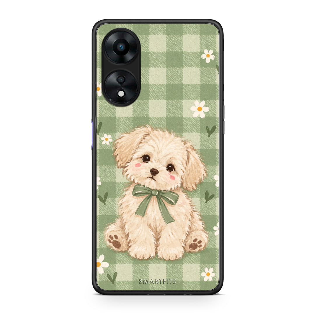 Θήκη Oppo A78 5G Puppy and Daisies on Sage Gingham από τη Smartfits με σχέδιο στο πίσω μέρος και μαύρο περίβλημα | Oppo A78 5G Puppy and Daisies on Sage Gingham case with colorful back and black bezels