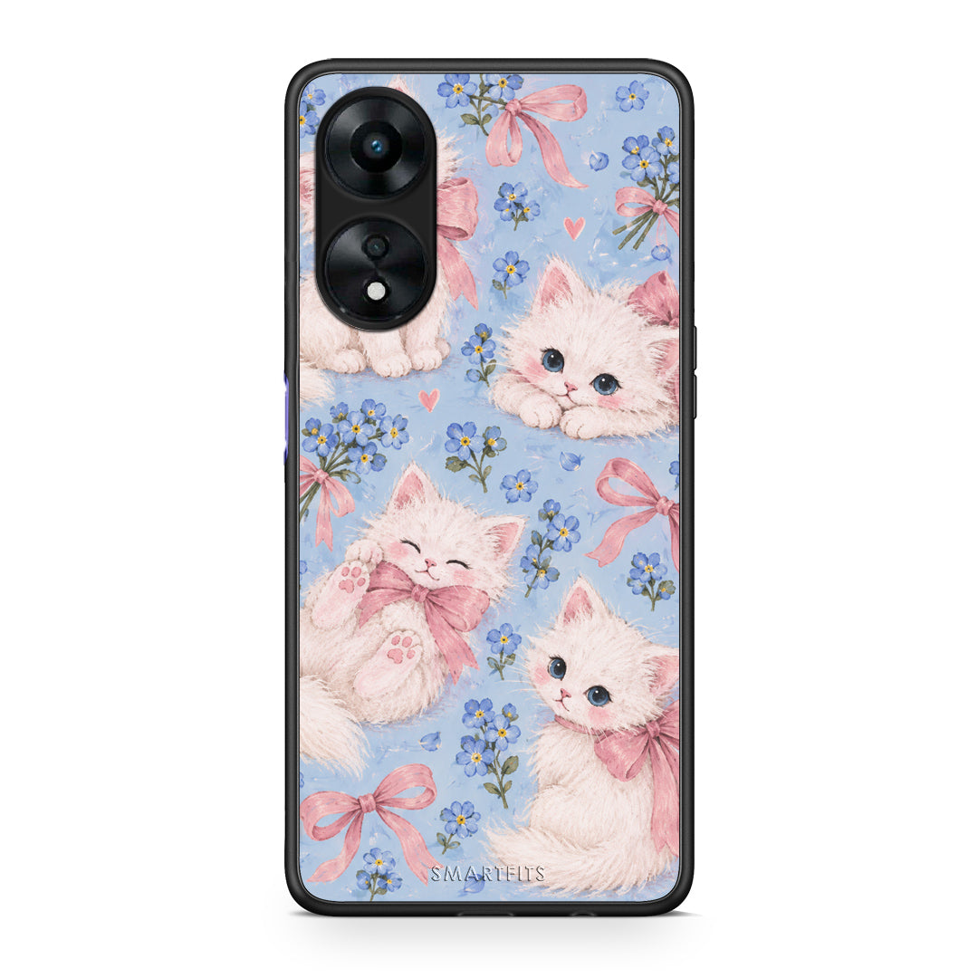 Θήκη Oppo A78 5G White Kittens and Blue Flowers Large από τη Smartfits με σχέδιο στο πίσω μέρος και μαύρο περίβλημα | Oppo A78 5G White Kittens and Blue Flowers Large case with colorful back and black bezels