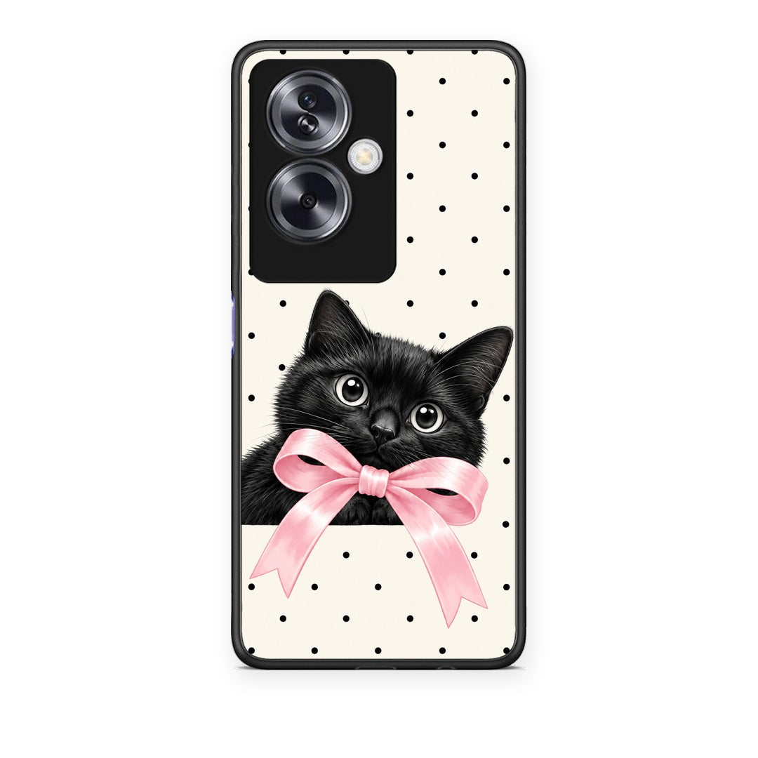 Θήκη Oppo A79 / A2 Black Kitten Pink Bow and Polka Dots από τη Smartfits με σχέδιο στο πίσω μέρος και μαύρο περίβλημα | Oppo A79 / A2 Black Kitten Pink Bow and Polka Dots case with colorful back and black bezels