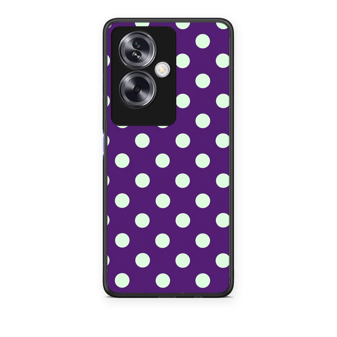 Θήκη Oppo A79 / A2 Mint Polka Dots on Purple από τη Smartfits με σχέδιο στο πίσω μέρος και μαύρο περίβλημα | Oppo A79 / A2 Mint Polka Dots on Purple case with colorful back and black bezels