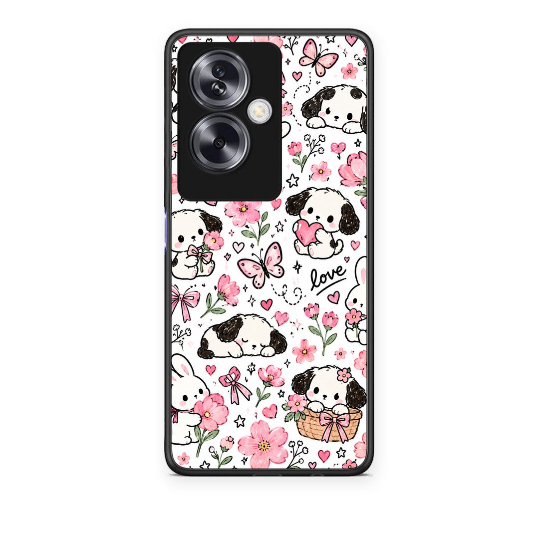 Θήκη Oppo A79 / A2 Pink Florals Puppies and Bunnies on White από τη Smartfits με σχέδιο στο πίσω μέρος και μαύρο περίβλημα | Oppo A79 / A2 Pink Florals Puppies and Bunnies on White case with colorful back and black bezels