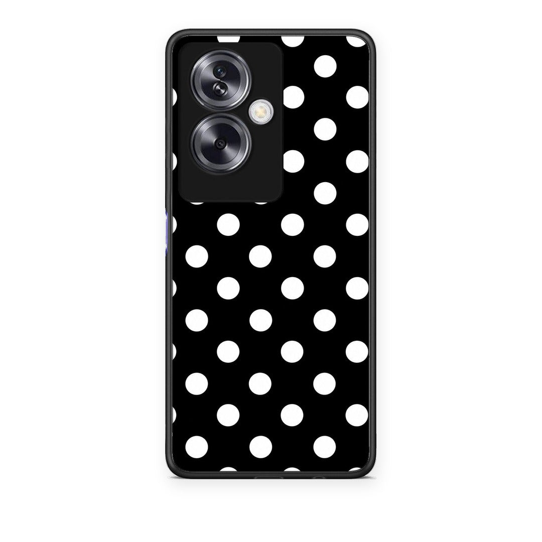 Θήκη Oppo A79 / A2 White Polka Dots on Black από τη Smartfits με σχέδιο στο πίσω μέρος και μαύρο περίβλημα | Oppo A79 / A2 White Polka Dots on Black case with colorful back and black bezels