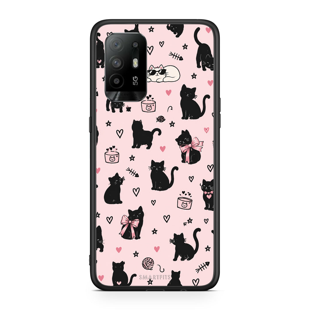 Θήκη Oppo A94 5G / F19 Pro / Reno5 Lite Black Cat Doodles on Pink από τη Smartfits με σχέδιο στο πίσω μέρος και μαύρο περίβλημα | Oppo A94 5G / F19 Pro / Reno5 Lite Black Cat Doodles on Pink case with colorful back and black bezels
