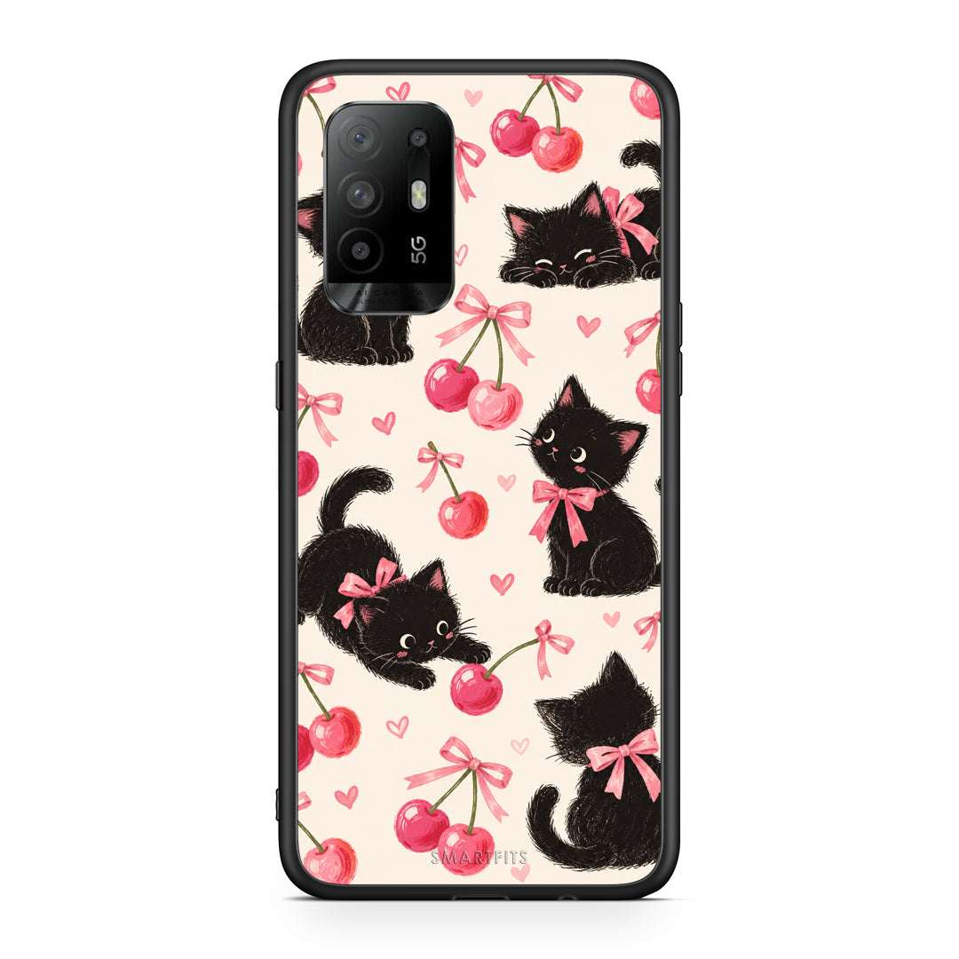 Θήκη Oppo A94 5G / F19 Pro / Reno5 Lite Black Kittens and Cherries on Cream από τη Smartfits με σχέδιο στο πίσω μέρος και μαύρο περίβλημα | Oppo A94 5G / F19 Pro / Reno5 Lite Black Kittens and Cherries on Cream case with colorful back and black bezels