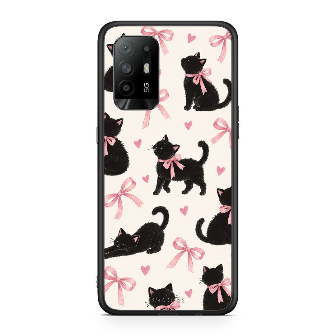 Θήκη Oppo A94 5G / F19 Pro / Reno5 Lite Black Kittens and Pink Bows on Cream Large από τη Smartfits με σχέδιο στο πίσω μέρος και μαύρο περίβλημα | Oppo A94 5G / F19 Pro / Reno5 Lite Black Kittens and Pink Bows on Cream Large case with colorful back and black bezels