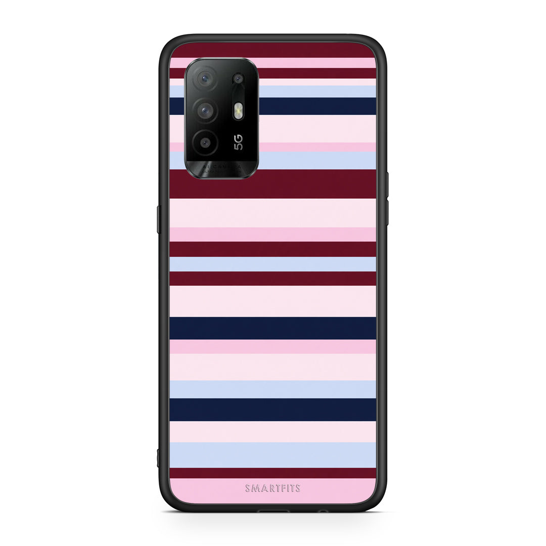 Θήκη Oppo A94 5G / F19 Pro / Reno5 Lite Burgundy Pink and Blue Horizontal Stripes από τη Smartfits με σχέδιο στο πίσω μέρος και μαύρο περίβλημα | Oppo A94 5G / F19 Pro / Reno5 Lite Burgundy Pink and Blue Horizontal Stripes case with colorful back and black bezels