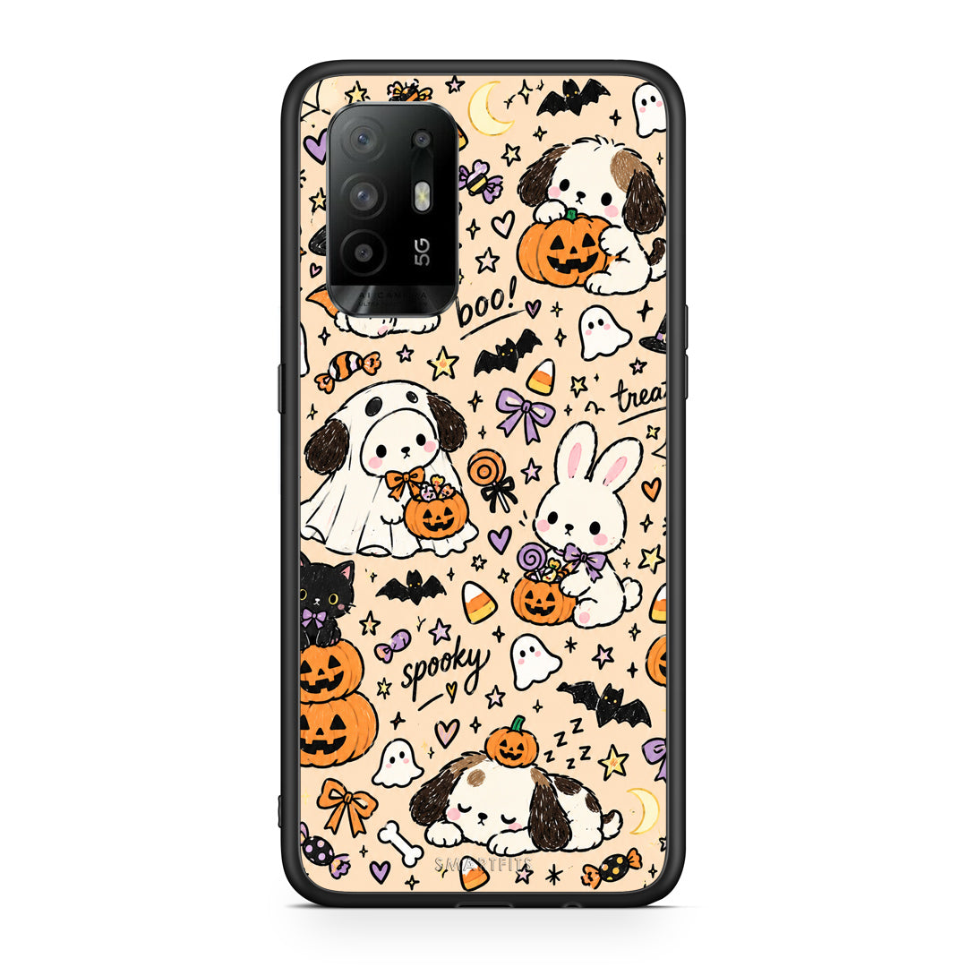 Θήκη Oppo A94 5G / F19 Pro / Reno5 Lite Halloween Puppies and Friends on Cream από τη Smartfits με σχέδιο στο πίσω μέρος και μαύρο περίβλημα | Oppo A94 5G / F19 Pro / Reno5 Lite Halloween Puppies and Friends on Cream case with colorful back and black bezels