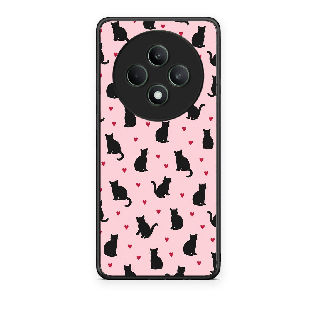 Θήκη Oppo Reno12 F 5G / FS 5G Black Cat Silhouettes and Hearts on Pink από τη Smartfits με σχέδιο στο πίσω μέρος και μαύρο περίβλημα | Oppo Reno12 F 5G / FS 5G Black Cat Silhouettes and Hearts on Pink case with colorful back and black bezels