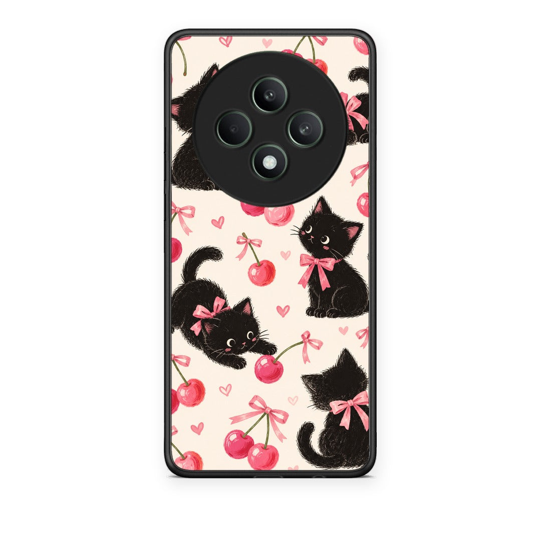 Θήκη Oppo Reno12 F 5G / FS 5G Black Kittens and Cherries on Cream από τη Smartfits με σχέδιο στο πίσω μέρος και μαύρο περίβλημα | Oppo Reno12 F 5G / FS 5G Black Kittens and Cherries on Cream case with colorful back and black bezels