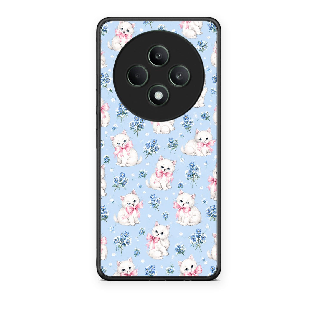 Θήκη Oppo Reno12 F 5G / FS 5G White Kittens and Blue Flowers Small από τη Smartfits με σχέδιο στο πίσω μέρος και μαύρο περίβλημα | Oppo Reno12 F 5G / FS 5G White Kittens and Blue Flowers Small case with colorful back and black bezels