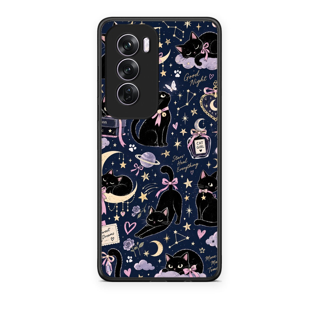 Θήκη Oppo Reno12 Pro Celestial Black Cats on Navy από τη Smartfits με σχέδιο στο πίσω μέρος και μαύρο περίβλημα | Oppo Reno12 Pro Celestial Black Cats on Navy case with colorful back and black bezels