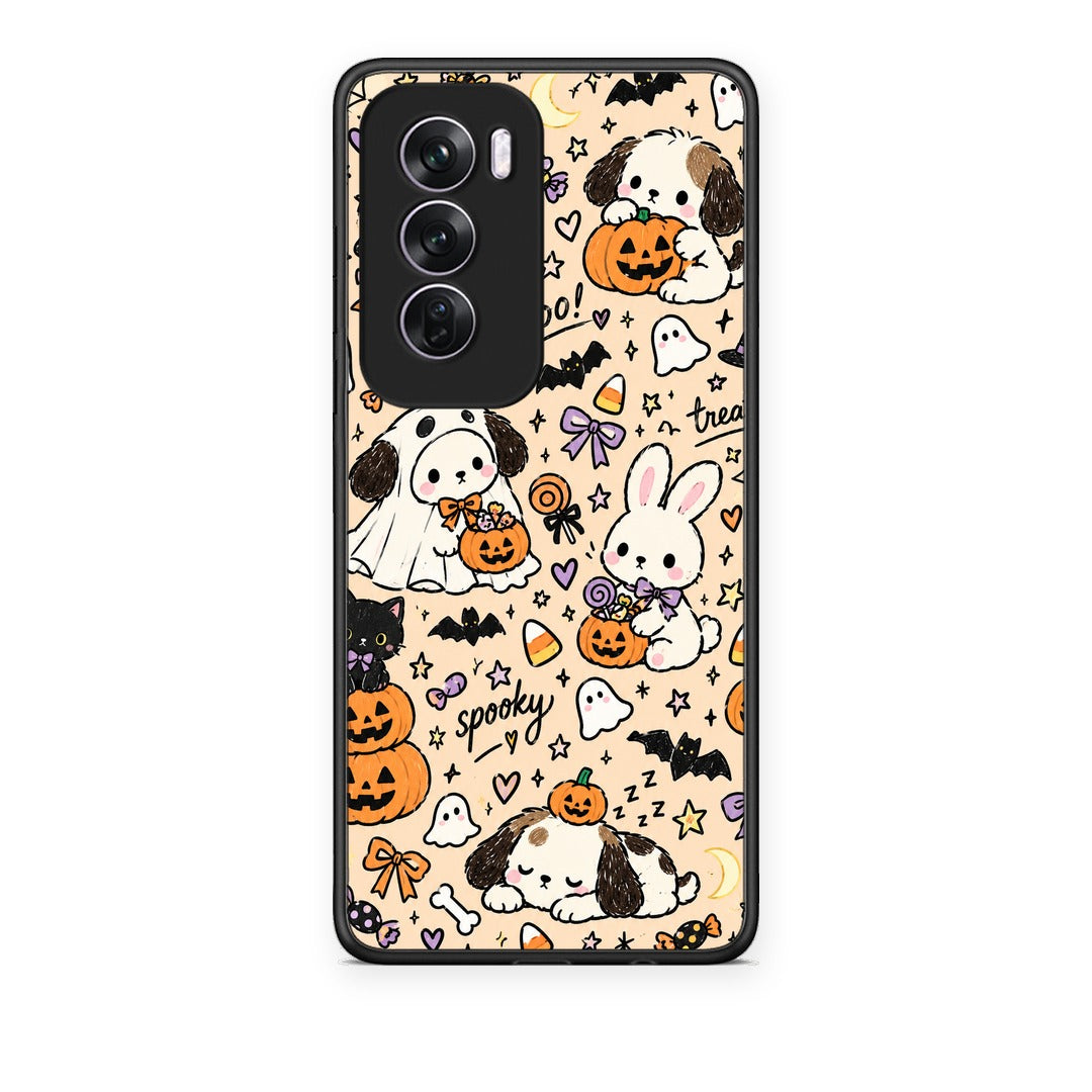 Θήκη Oppo Reno12 Pro Halloween Puppies and Friends on Cream από τη Smartfits με σχέδιο στο πίσω μέρος και μαύρο περίβλημα | Oppo Reno12 Pro Halloween Puppies and Friends on Cream case with colorful back and black bezels
