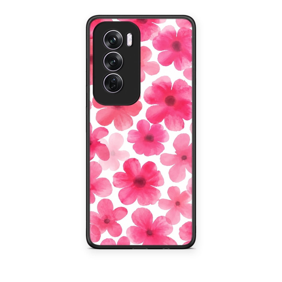 Θήκη Oppo Reno12 Pro Pink Watercolour Flowers on White από τη Smartfits με σχέδιο στο πίσω μέρος και μαύρο περίβλημα | Oppo Reno12 Pro Pink Watercolour Flowers on White case with colorful back and black bezels