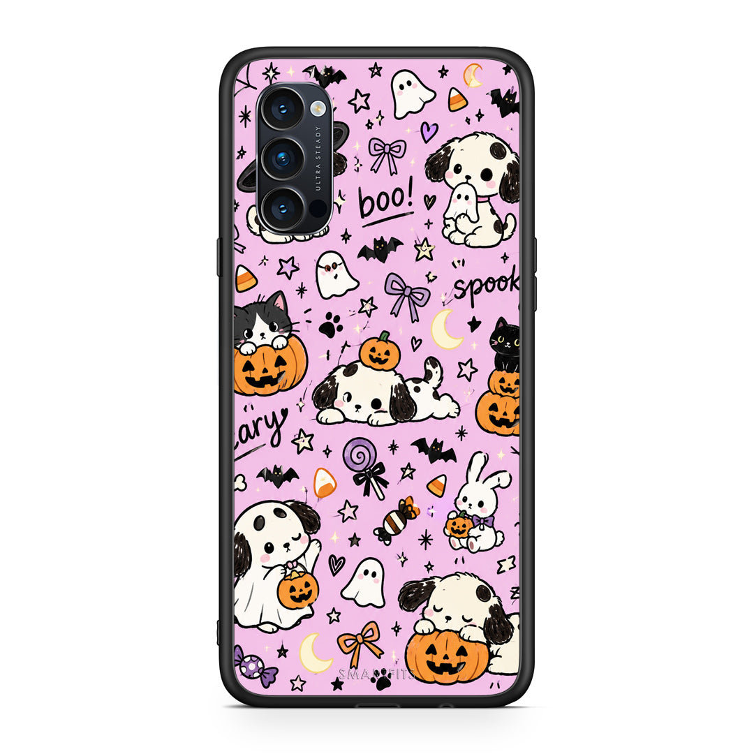 Θήκη Oppo Reno4 Pro 5G Halloween Puppies and Friends on Lilac από τη Smartfits με σχέδιο στο πίσω μέρος και μαύρο περίβλημα | Oppo Reno4 Pro 5G Halloween Puppies and Friends on Lilac case with colorful back and black bezels